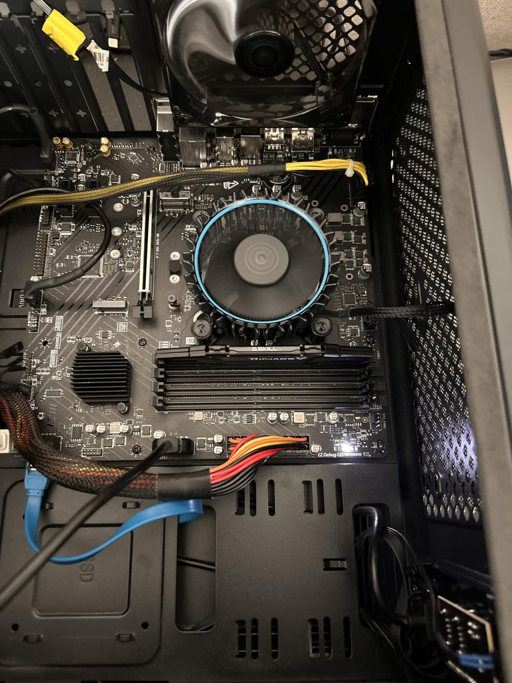 Inside a PC case during a build